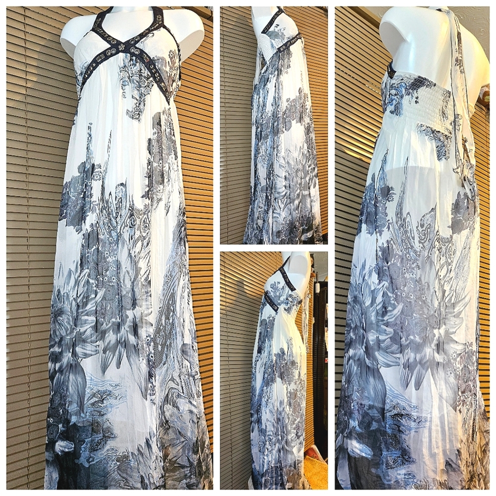 Versace style full-length maxi summer dress gown halterneck elasticated back - Picture 9 of 16